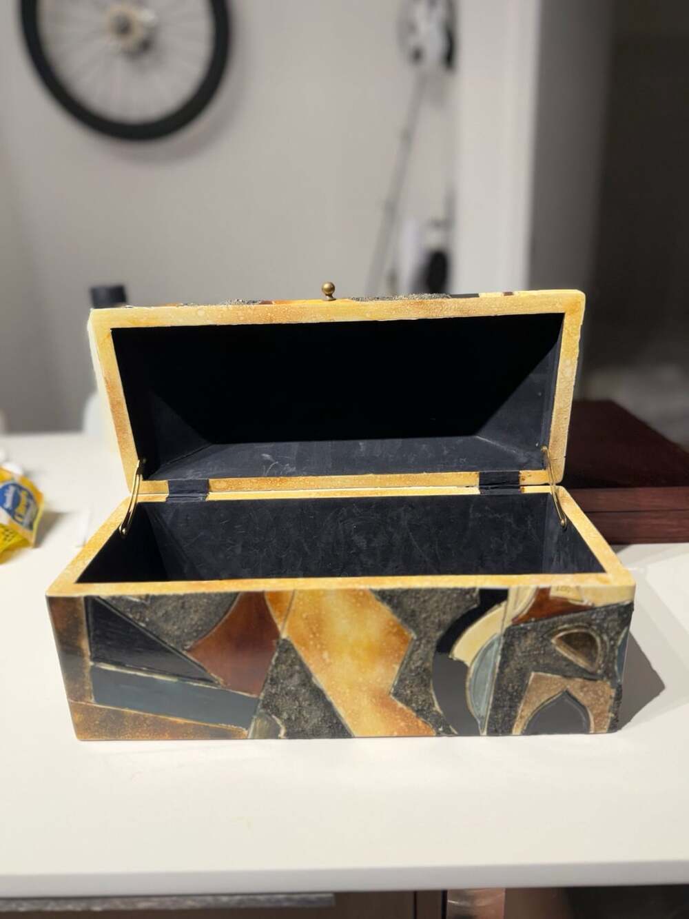 Vintage Mosaic Stone Inlay Trinket Box Hinged Lid